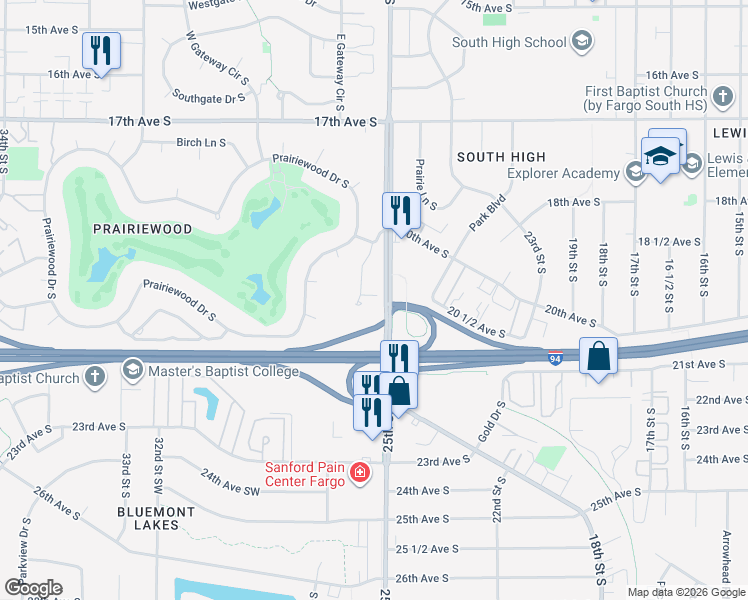 map of restaurants, bars, coffee shops, grocery stores, and more near 17 Prairiewood Crossing Southwest in Fargo