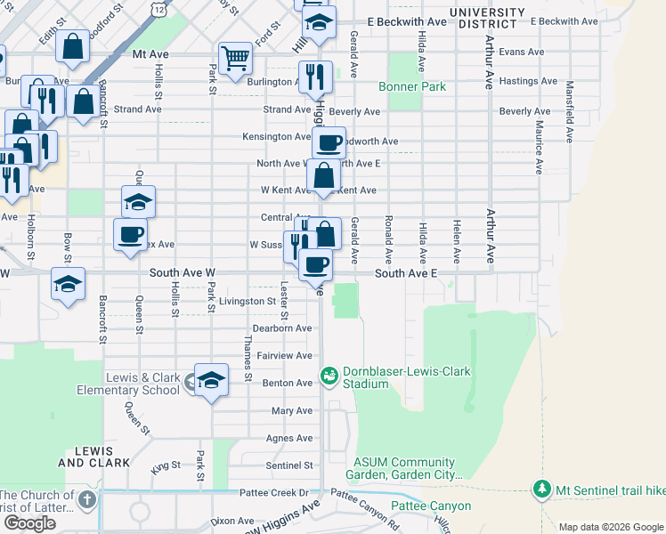map of restaurants, bars, coffee shops, grocery stores, and more near 101 East Sussex Avenue in Missoula