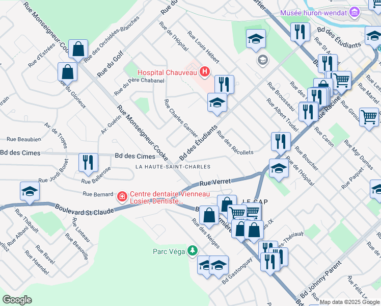 map of restaurants, bars, coffee shops, grocery stores, and more near 229 Boulevard des Étudiants in Ville de Québec