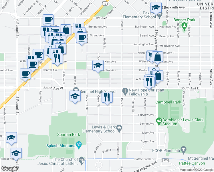 map of restaurants, bars, coffee shops, grocery stores, and more near 506 South Avenue West in Missoula