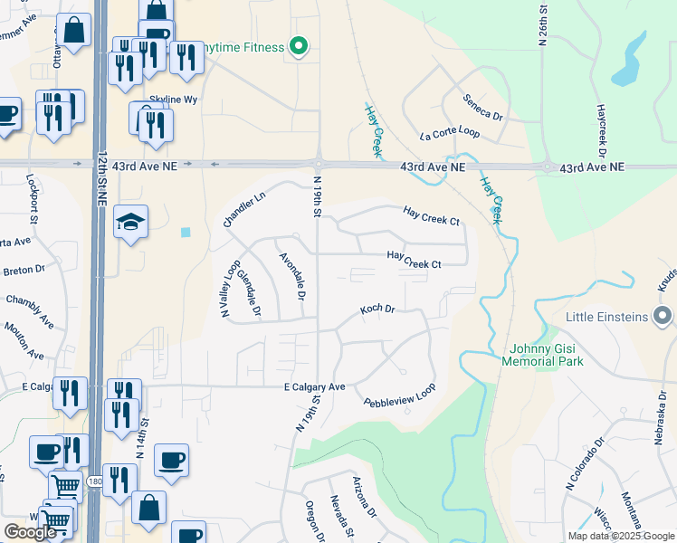 map of restaurants, bars, coffee shops, grocery stores, and more near 3945 North 19th Street in Bismarck