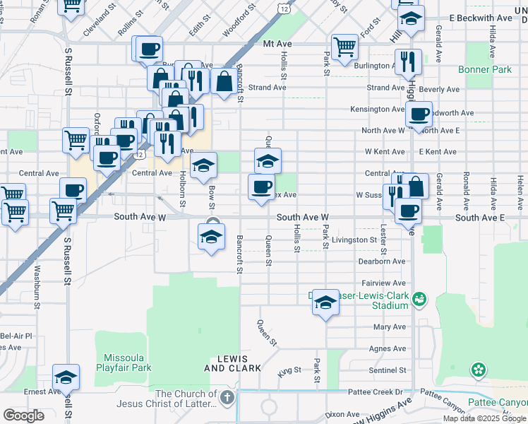map of restaurants, bars, coffee shops, grocery stores, and more near 2300-2398 Queen Street in Missoula