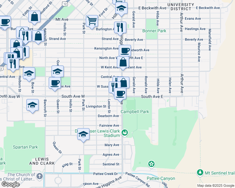 map of restaurants, bars, coffee shops, grocery stores, and more near 131 West Sussex Avenue in Missoula