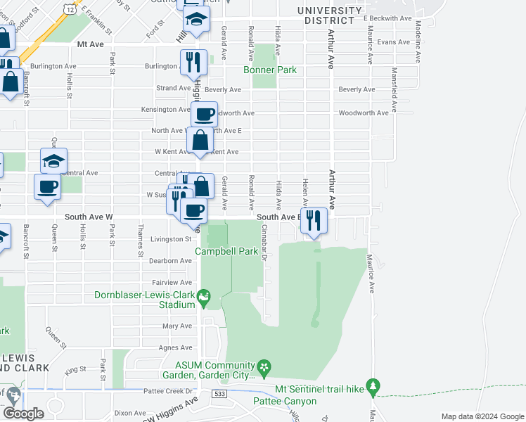 map of restaurants, bars, coffee shops, grocery stores, and more near 310 South Avenue East in Missoula