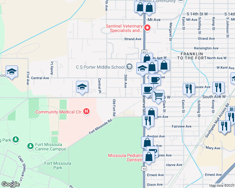 map of restaurants, bars, coffee shops, grocery stores, and more near 2606 South Avenue West in Missoula