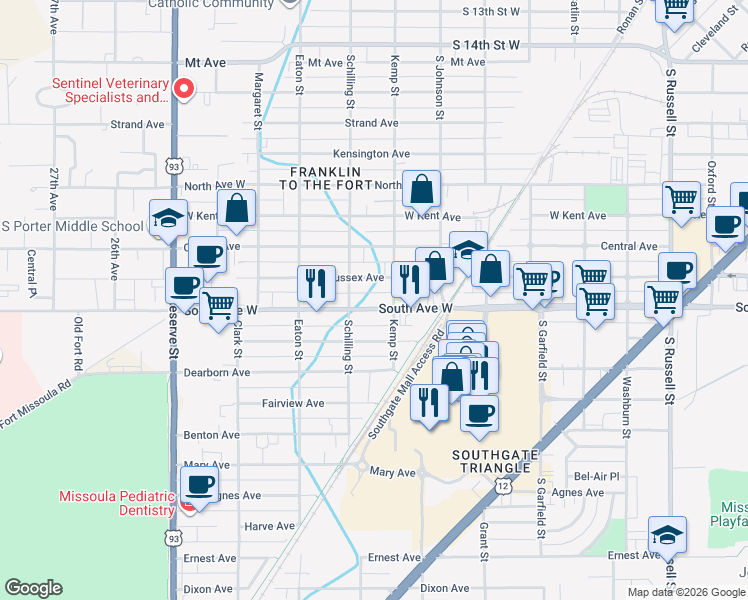 map of restaurants, bars, coffee shops, grocery stores, and more near 2135 West Sussex Avenue in Missoula