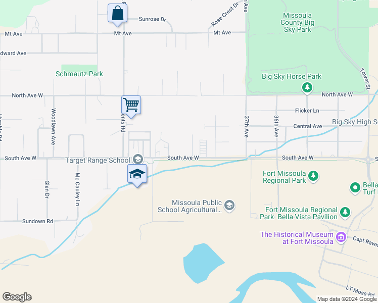 map of restaurants, bars, coffee shops, grocery stores, and more near 3880 South Avenue West in Missoula