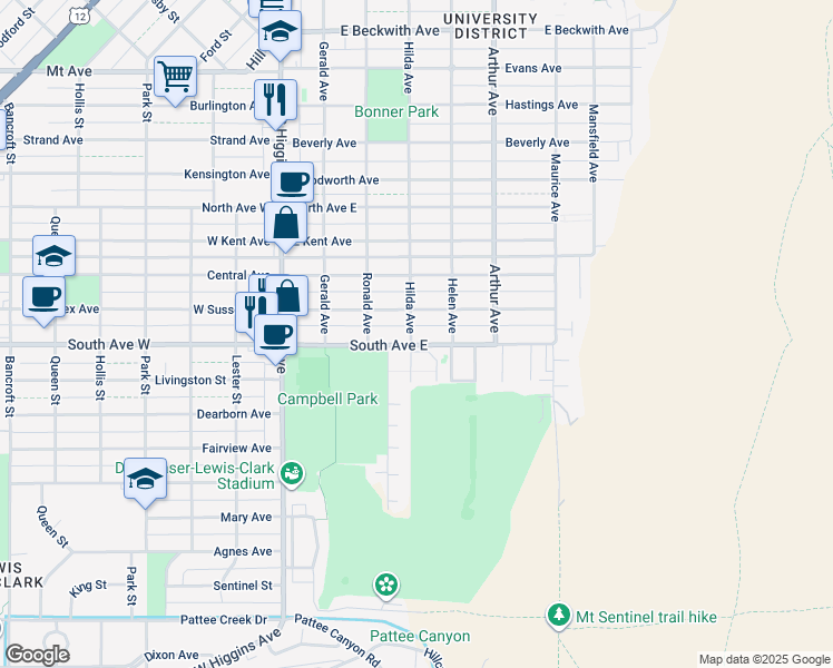 map of restaurants, bars, coffee shops, grocery stores, and more near 2300 Hilda Avenue in Missoula