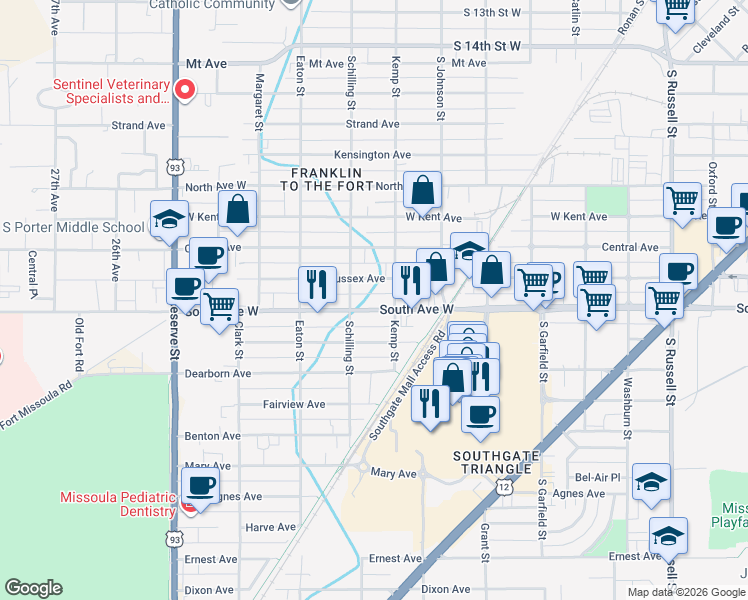 map of restaurants, bars, coffee shops, grocery stores, and more near 2135 West Sussex Avenue in Missoula
