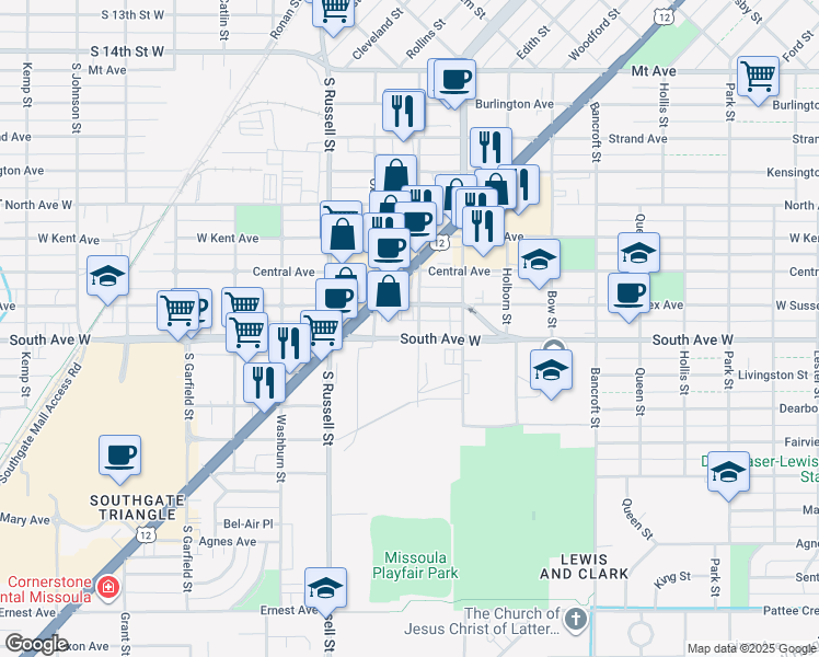 map of restaurants, bars, coffee shops, grocery stores, and more near 1105 West Sussex Avenue in Missoula