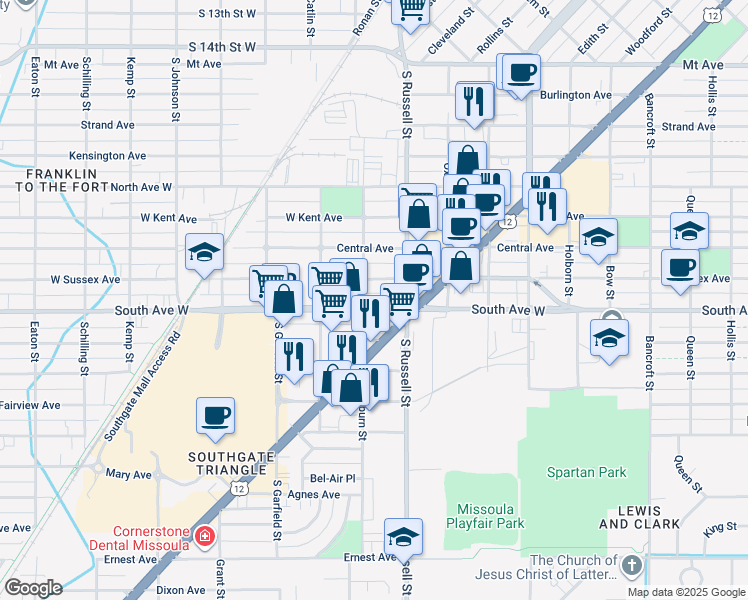 map of restaurants, bars, coffee shops, grocery stores, and more near 1542 South Avenue West in Missoula