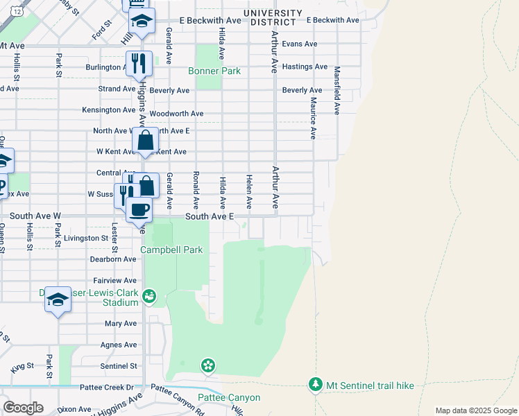 map of restaurants, bars, coffee shops, grocery stores, and more near 520 South Avenue East in Missoula