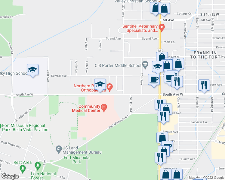 map of restaurants, bars, coffee shops, grocery stores, and more near 2718 South Ave West in Missoula