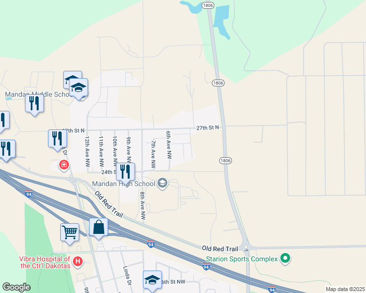 map of restaurants, bars, coffee shops, grocery stores, and more near 600 Meadowridge Loop Northwest in Mandan