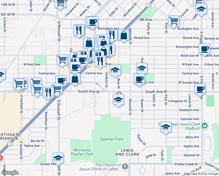 map of restaurants, bars, coffee shops, grocery stores, and more near in Missoula