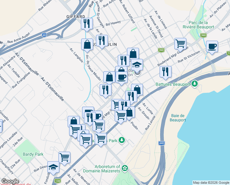map of restaurants, bars, coffee shops, grocery stores, and more near 3069 Chemin Royal in Québec