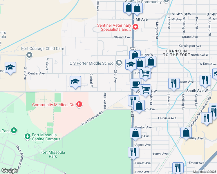 map of restaurants, bars, coffee shops, grocery stores, and more near 2612 W South Ave in Missoula