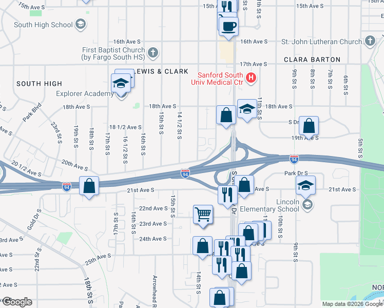 map of restaurants, bars, coffee shops, grocery stores, and more near 1902 14 1/2 St S in Fargo
