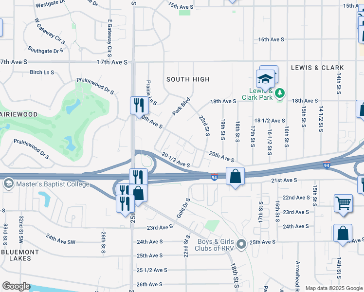 map of restaurants, bars, coffee shops, grocery stores, and more near 2356 20th Avenue South in Fargo