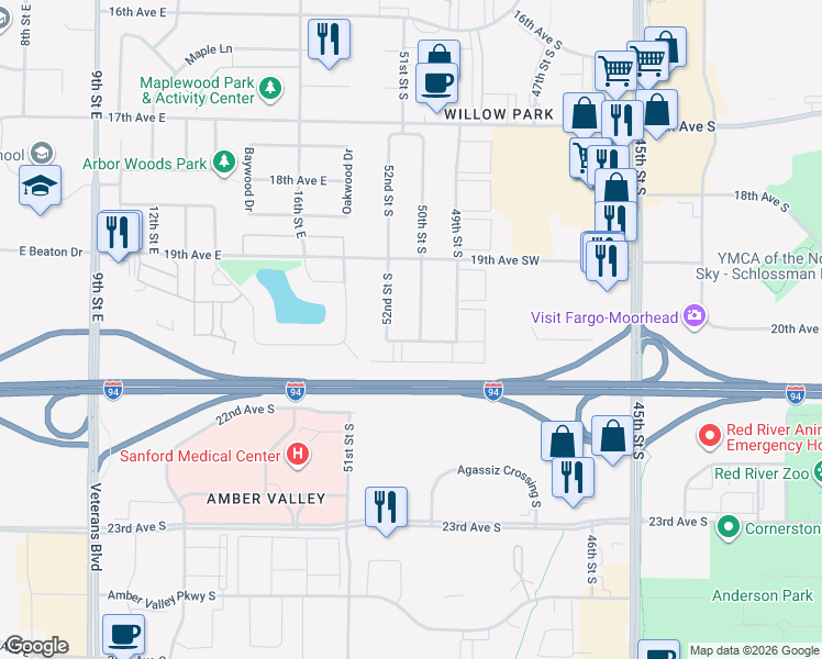 map of restaurants, bars, coffee shops, grocery stores, and more near 2058 52nd Street South in Fargo