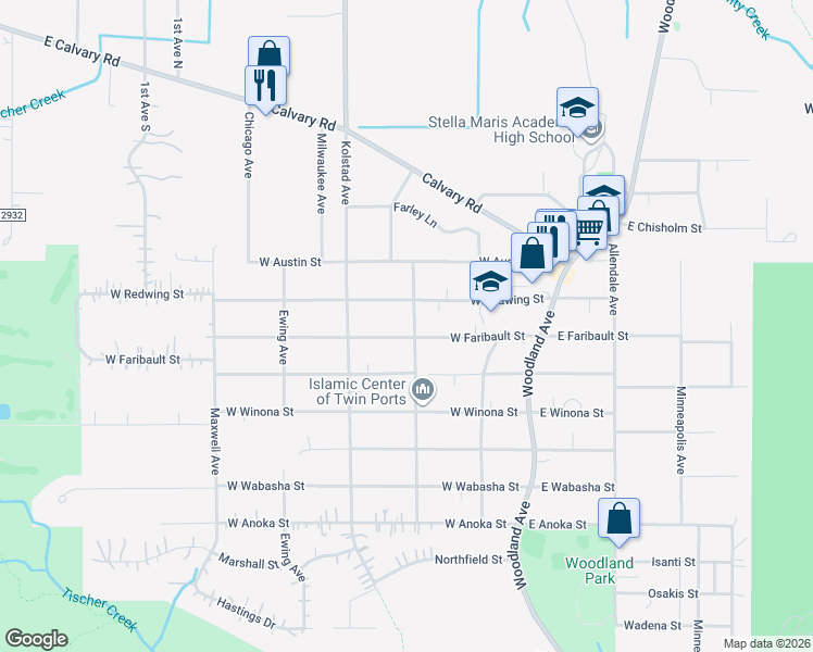 map of restaurants, bars, coffee shops, grocery stores, and more near 212 West Redwing Street in Duluth