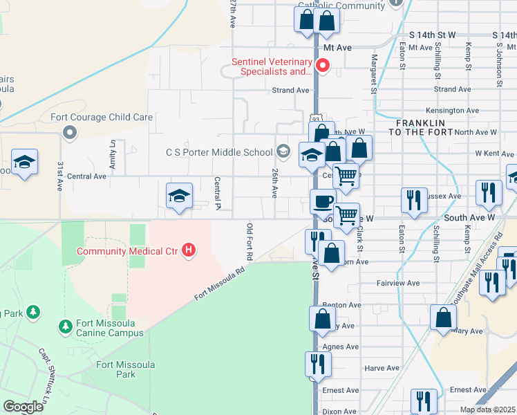 map of restaurants, bars, coffee shops, grocery stores, and more near 2606 South Avenue West in Missoula