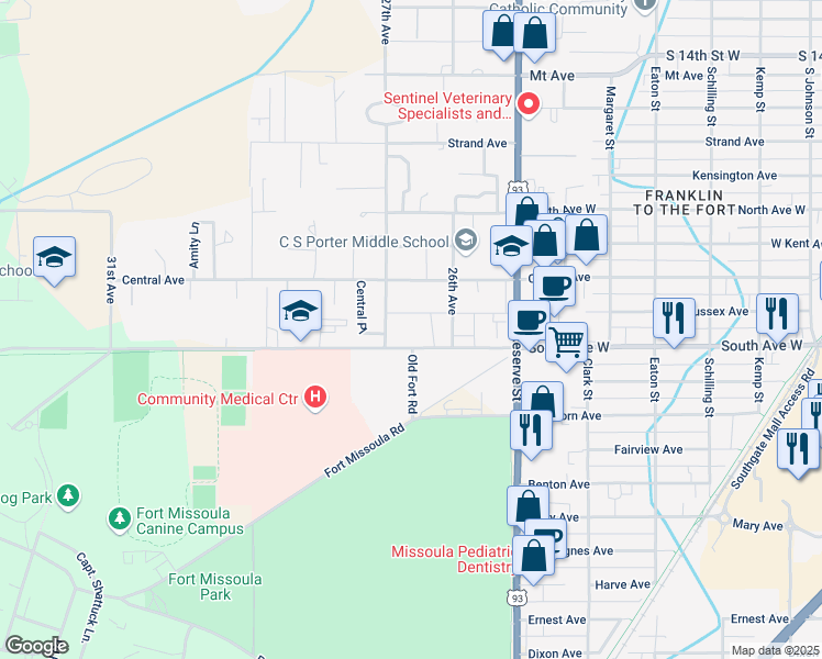 map of restaurants, bars, coffee shops, grocery stores, and more near 2612 West South Avenue in Missoula