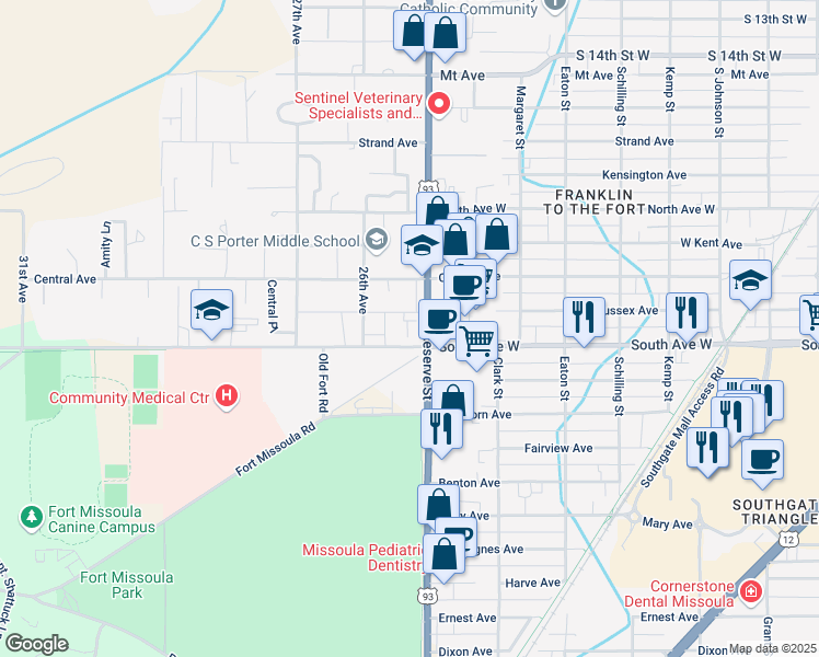 map of restaurants, bars, coffee shops, grocery stores, and more near 2325 S Reserve St in Missoula