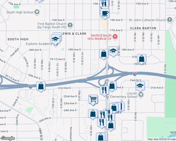 map of restaurants, bars, coffee shops, grocery stores, and more near 1902 14 1/2 St S in Fargo