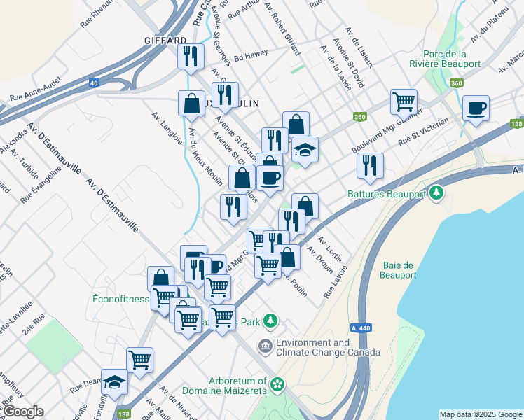 map of restaurants, bars, coffee shops, grocery stores, and more near 3098 Chemin Royal in Quebec