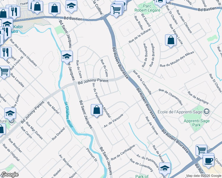 map of restaurants, bars, coffee shops, grocery stores, and more near 9906 Rue du Caire in Québec