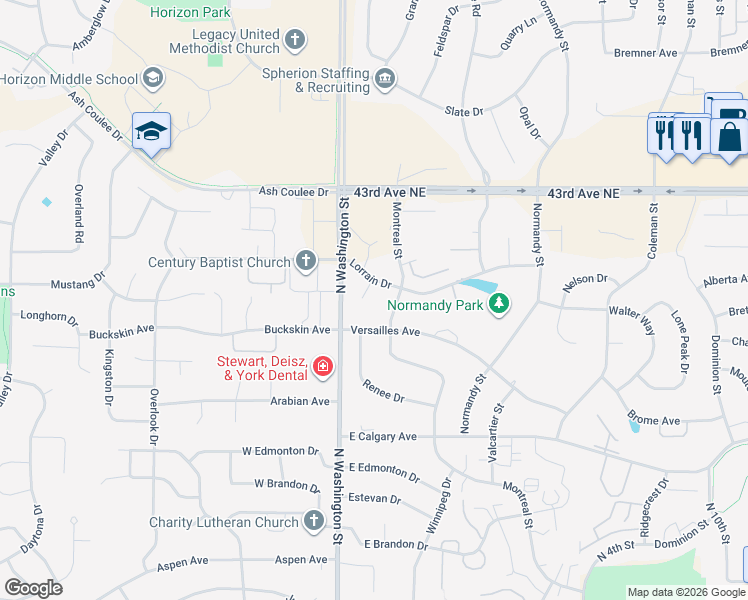 map of restaurants, bars, coffee shops, grocery stores, and more near 107 Burgundy Circle in Bismarck