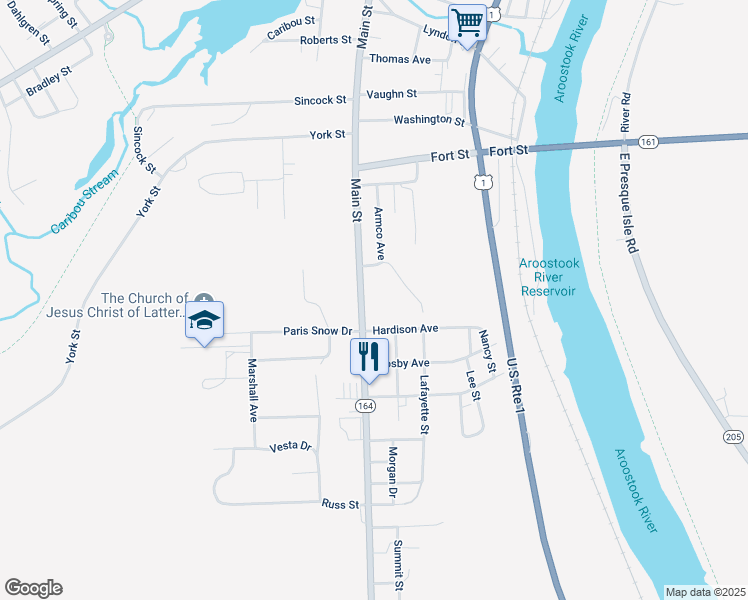 map of restaurants, bars, coffee shops, grocery stores, and more near 549 Main Street in Caribou