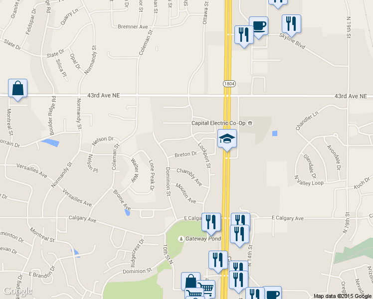 map of restaurants, bars, coffee shops, grocery stores, and more near 934 Breton Dr in Bismarck