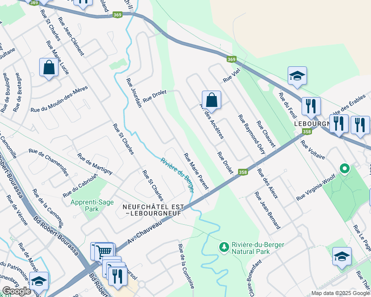 map of restaurants, bars, coffee shops, grocery stores, and more near 9340 Rue Marie Parent in Ville de Québec