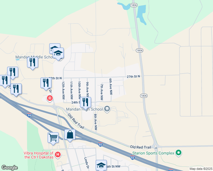 map of restaurants, bars, coffee shops, grocery stores, and more near 707 26 Street Northwest in Mandan