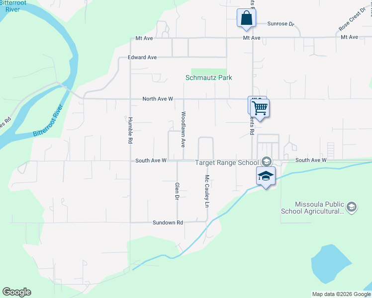 map of restaurants, bars, coffee shops, grocery stores, and more near 2304 Woodlawn Avenue in Missoula