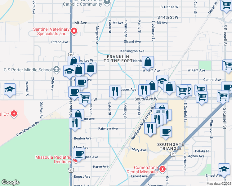 map of restaurants, bars, coffee shops, grocery stores, and more near 2223 West Sussex Avenue in Missoula