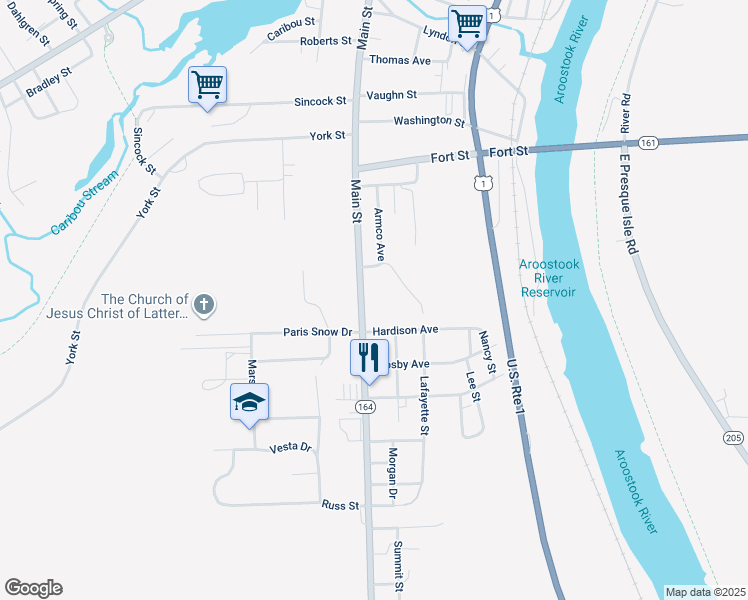 map of restaurants, bars, coffee shops, grocery stores, and more near 549 Main Street in Caribou