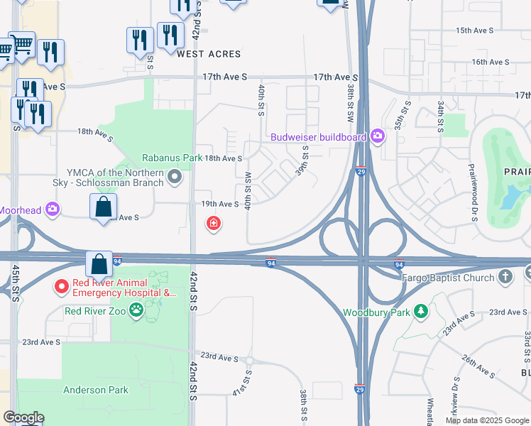 map of restaurants, bars, coffee shops, grocery stores, and more near 2400 19th Avenue South in Fargo