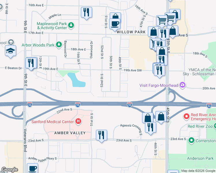 map of restaurants, bars, coffee shops, grocery stores, and more near 2058 52nd Street South in Fargo