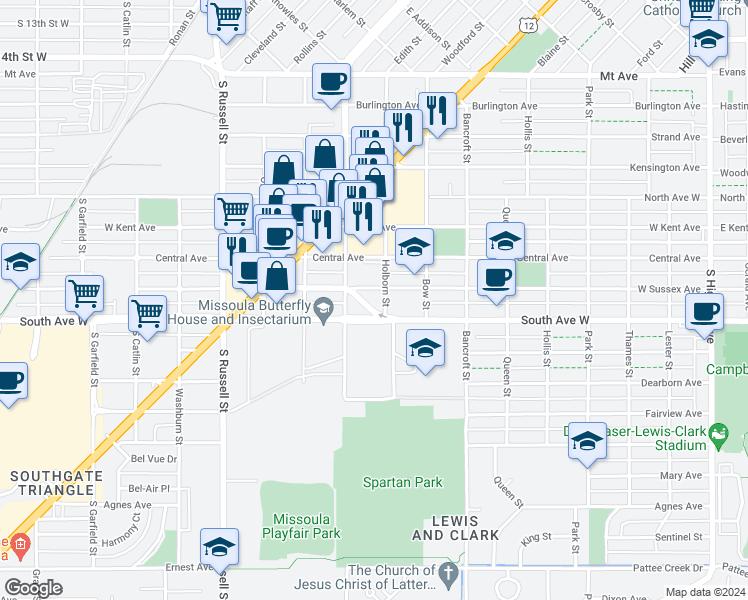 map of restaurants, bars, coffee shops, grocery stores, and more near 900 South Avenue West in Missoula