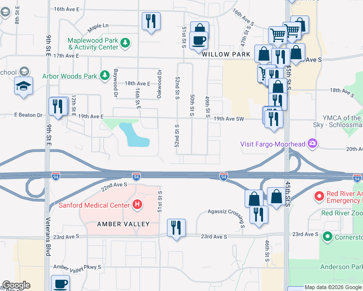 map of restaurants, bars, coffee shops, grocery stores, and more near 2058 52nd Street South in Fargo