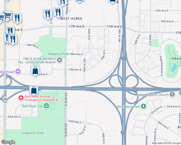 map of restaurants, bars, coffee shops, grocery stores, and more near 2400 19th Avenue South in Fargo