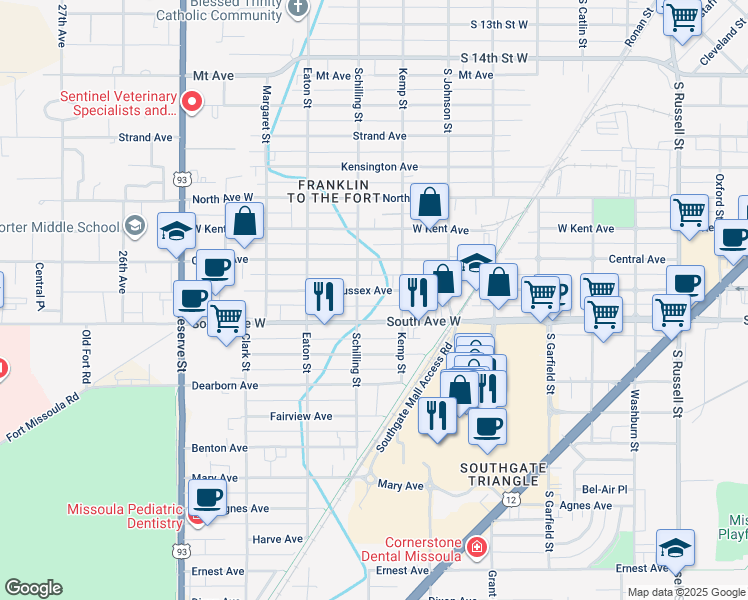 map of restaurants, bars, coffee shops, grocery stores, and more near 2135 W Sussex Ave in Missoula