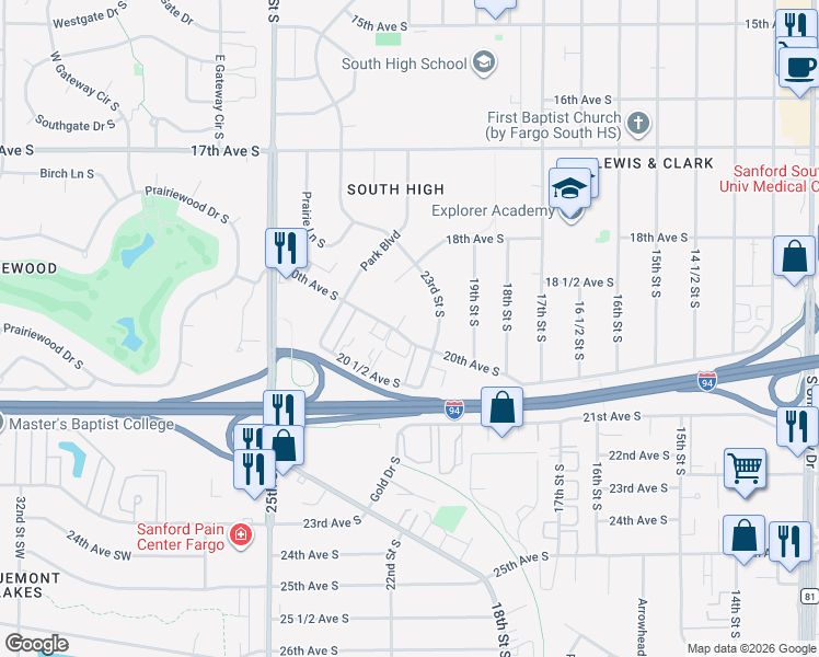 map of restaurants, bars, coffee shops, grocery stores, and more near 2315 Sundance Circle South in Fargo