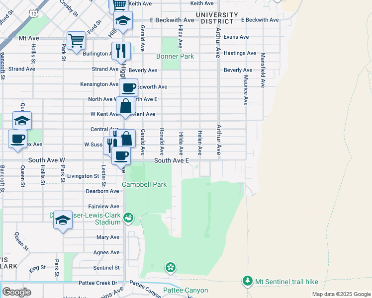 map of restaurants, bars, coffee shops, grocery stores, and more near 2300 Hilda Ave in Missoula