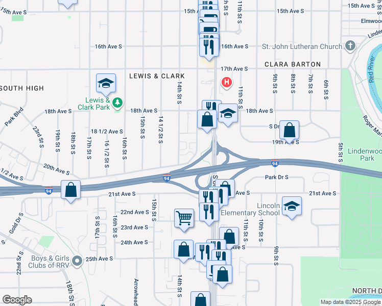 map of restaurants, bars, coffee shops, grocery stores, and more near 1909 13 1/2 Street South in Fargo