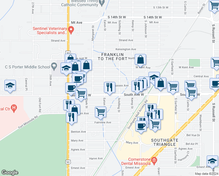 map of restaurants, bars, coffee shops, grocery stores, and more near 2229 West Sussex Avenue in Missoula