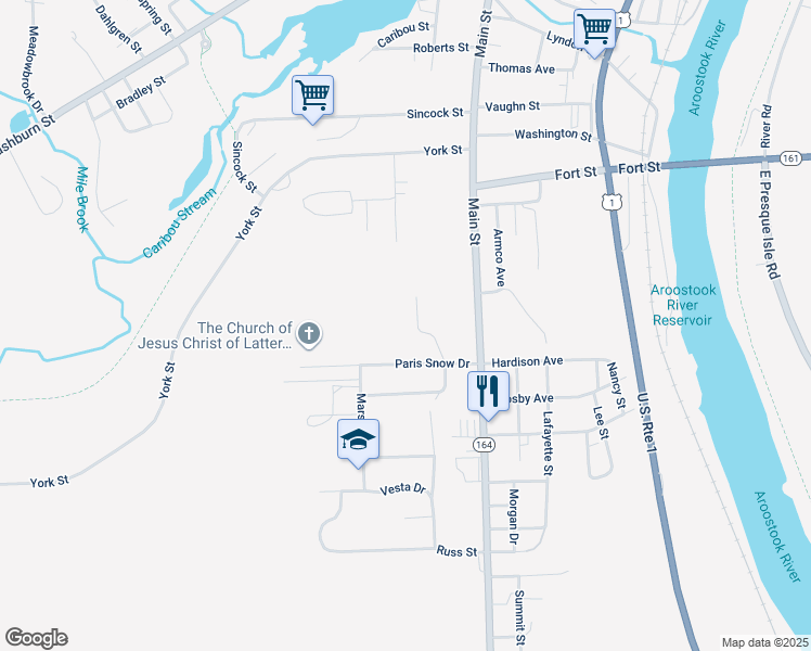map of restaurants, bars, coffee shops, grocery stores, and more near 21 Jacobs Avenue in Caribou